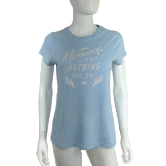 Universal Threads Ladies Fitted “Mercury’s Got Nothing On Me” Light Blue Tee - Picture 1 of 7